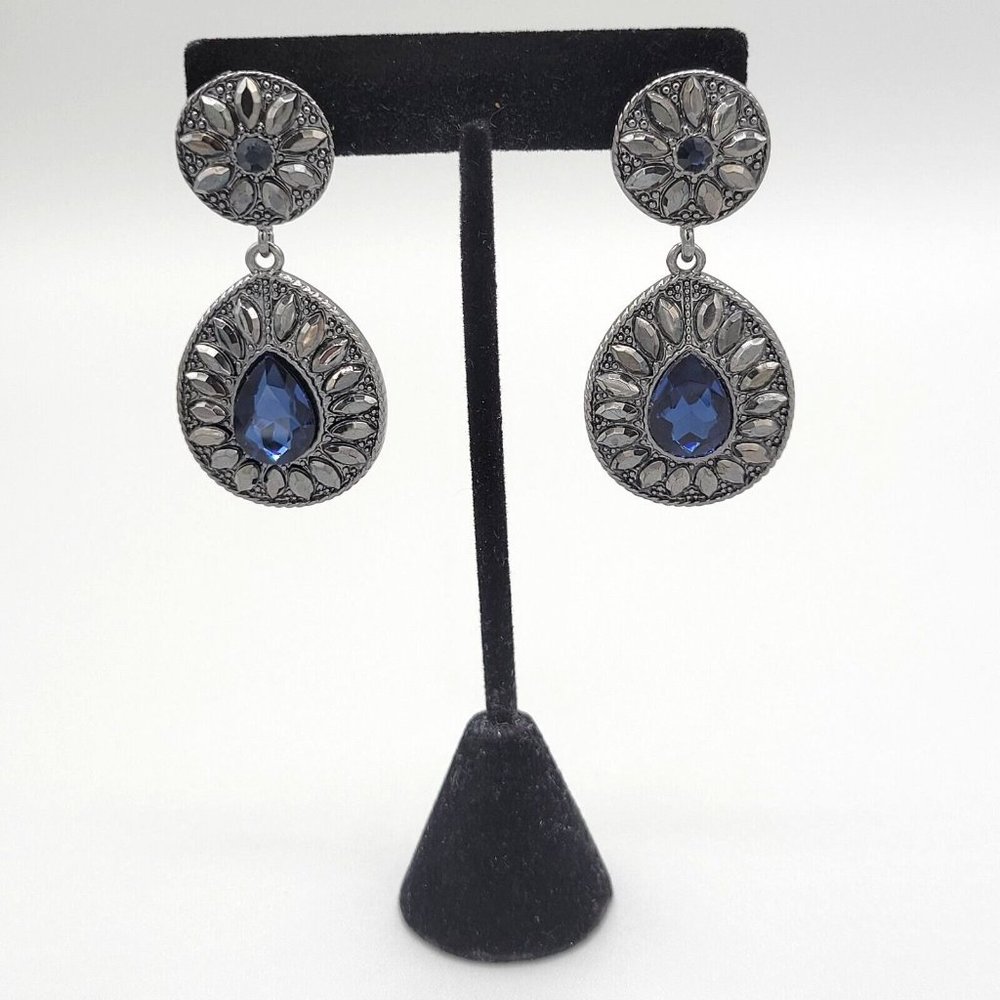 Womens Rustic Silver Tone Blue Crystal Fashion Tear Drop Earrings 2 in Post Back